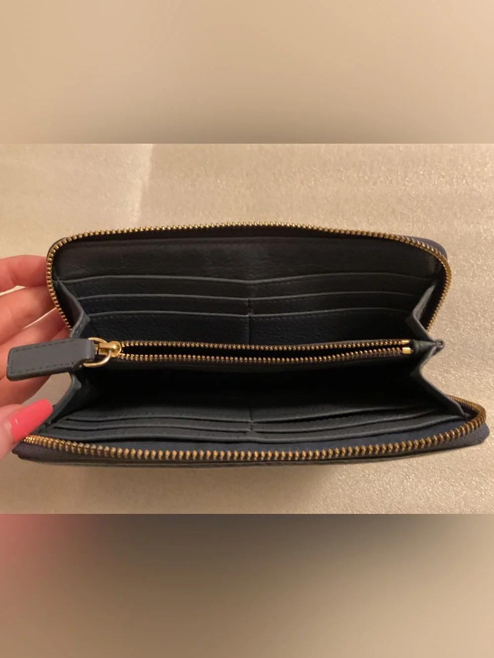 Tory Burch Miller Oversized Logo Long Zip Around Navy Pebbled Leather Wallet